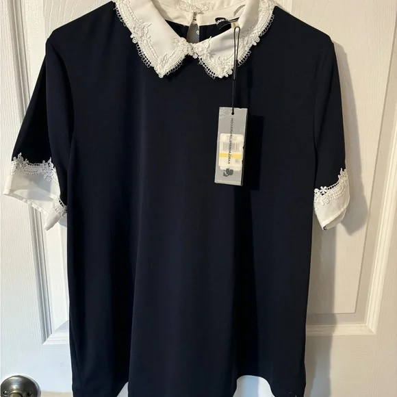 Karl Lagerfeld Navy Top with White Lace Collar Women’s Blouse New - Picture 1 of 6